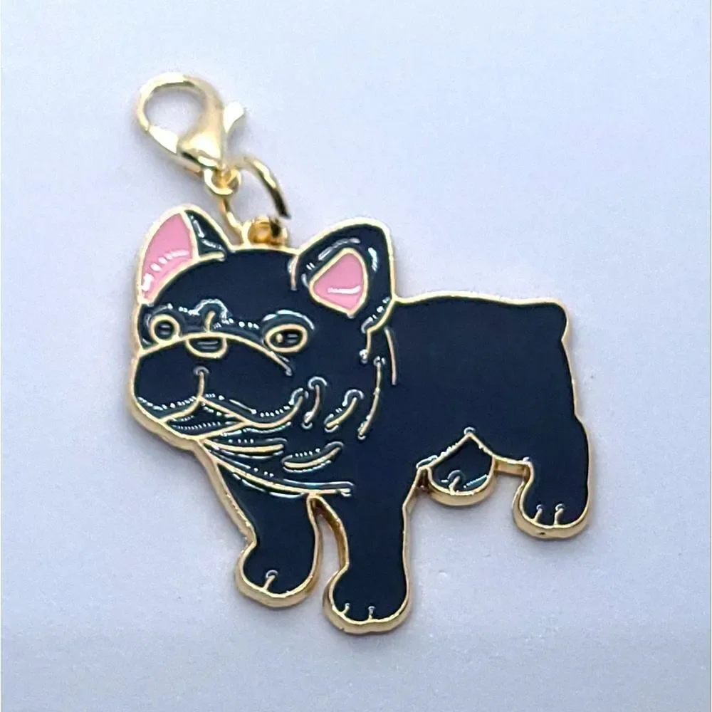 French Bulldog Bag Charm Keychain Black Gold Dog Mom Frenchie Purse Clip